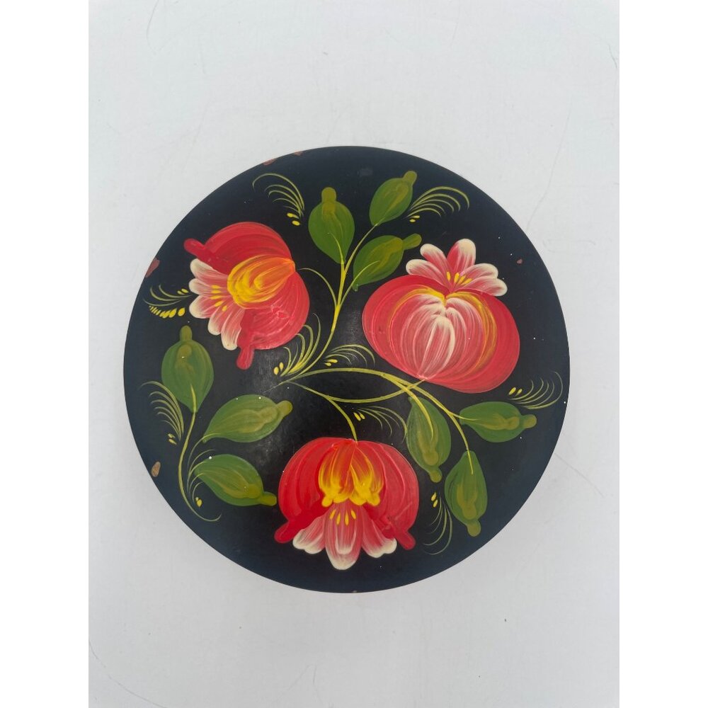 Vintage Russian Lacquered Hand painted Floral Trinket Box 5" x 2"